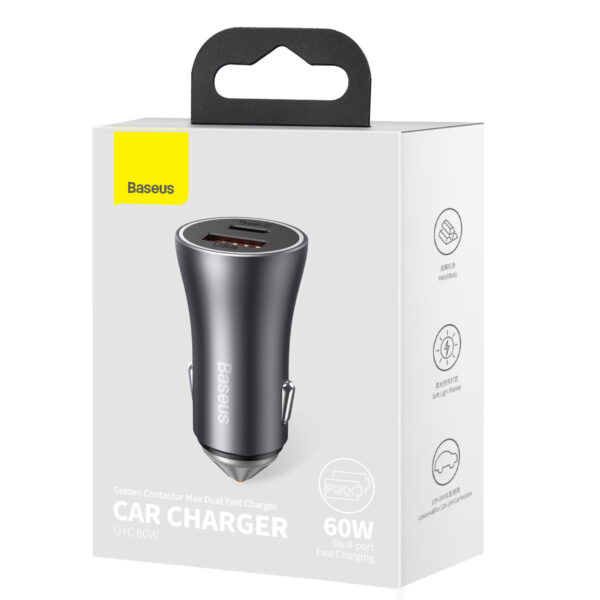 Baseus Golden Contactor Max Dual Fast Charger Car Charger U+C 60W Dark Gray - Image 2