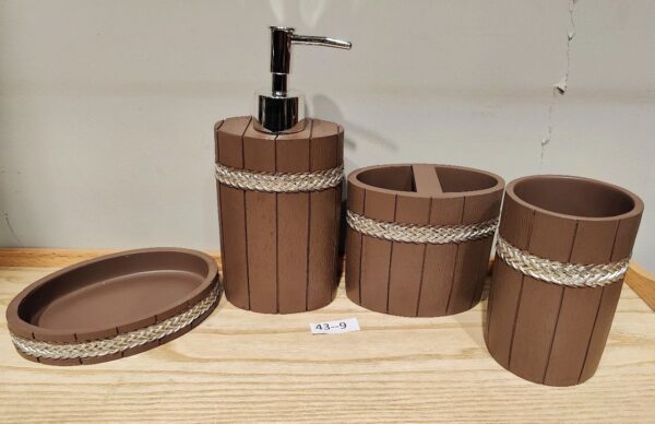 Luxury Resin Wood ware 4 Piece Bathroom Set, Liquid Soap Dispenser, Soap Dish, Toothbrush Holder and Tumbler.