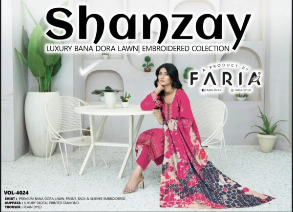 SHANZAY Luxurious Embroidered BANA DORA LAWN Collection By Habib Faisal Arts (Unstitched) 3 Piece, Vol 2024, New Collection 2025.