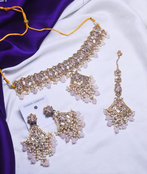 Graceful Fancy Sheesha Kundan Made Choker Set With Tikka Available in Different Colors By Unique Fancy Jewellery. - Image 3
