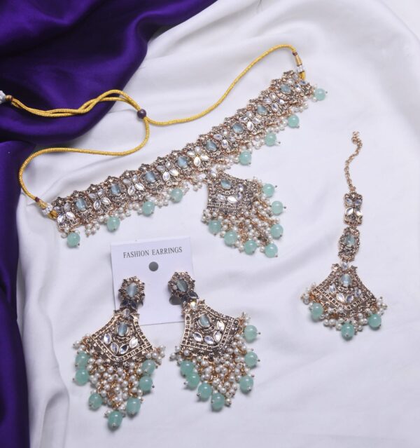 Graceful Fancy Sheesha Kundan Made Choker Set With Tikka Available in Different Colors By Unique Fancy Jewellery. - Image 2