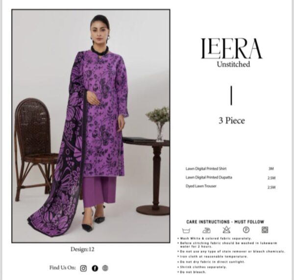LEERA Lawn (Un Stitched) 3 Piece, New Collection 2025. - Image 3