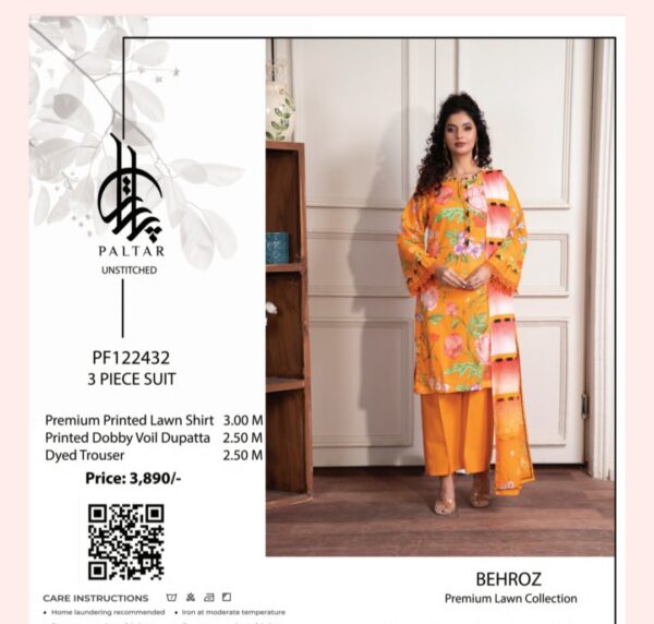 Paltar Behroz Lawn (Un Stitched) 3 Piece, New Collection 2025 (Single Suit). - Image 2
