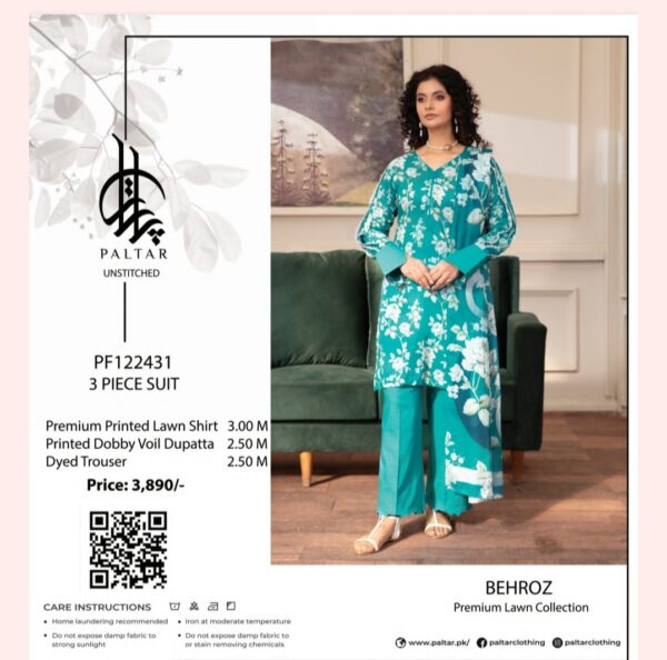 Paltar Behroz Lawn (Un Stitched) 3 Piece, New Collection 2025 (Single Suit).