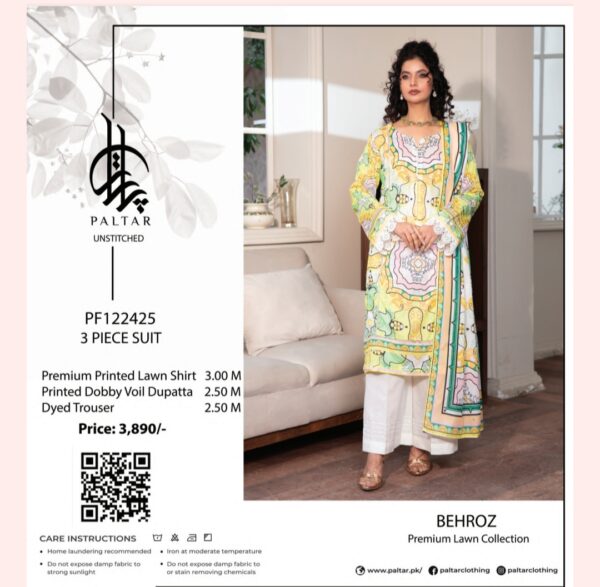 Paltar Behroz Lawn (Un Stitched) 3 Piece, New Collection 2025 (Single Suit). - Image 9