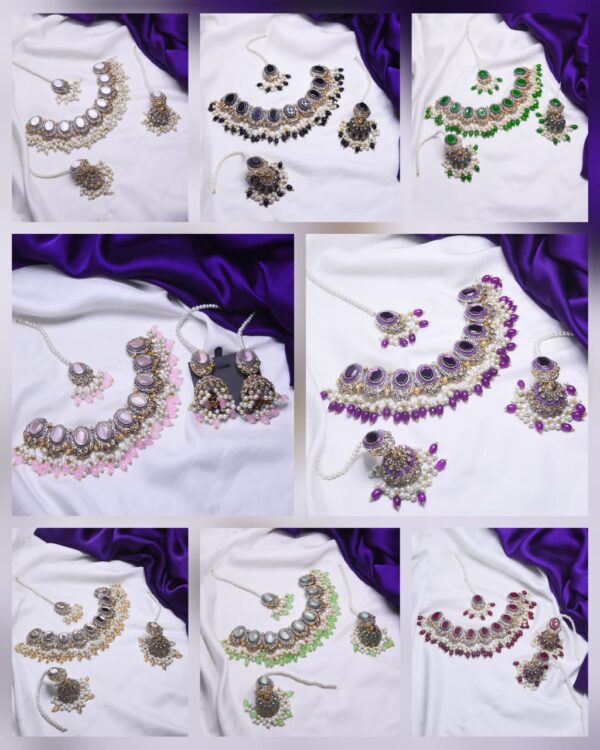 Casting Made Zircon Stones Necklace Set With tika:(Available in 8 colors)