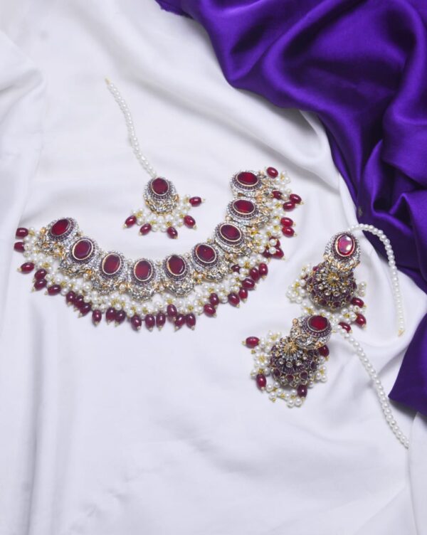 Casting Made Zircon Stones Necklace Set With tika:(Available in 8 colors) - Image 3