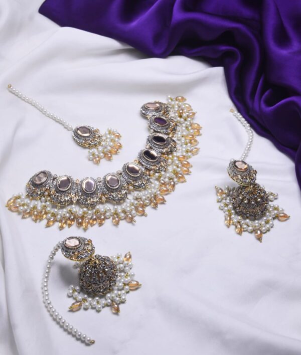 Casting Made Zircon Stones Necklace Set With tika:(Available in 8 colors) - Image 4