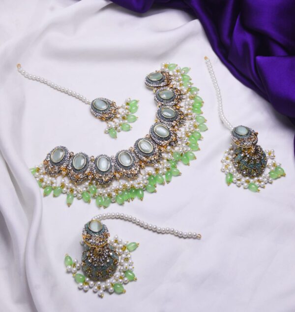Casting Made Zircon Stones Necklace Set With tika:(Available in 8 colors) - Image 5