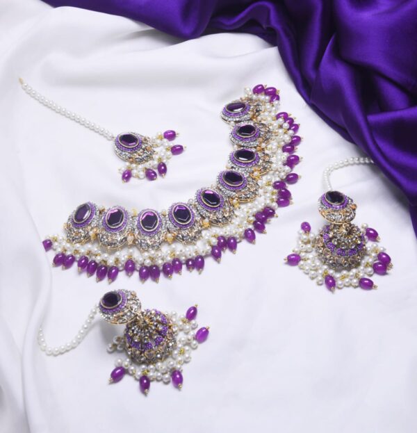 Casting Made Zircon Stones Necklace Set With tika:(Available in 8 colors) - Image 8
