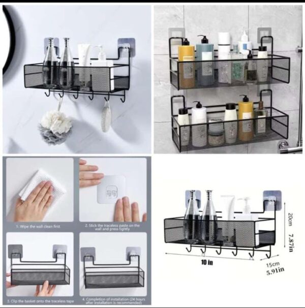Self-Adhesive Wall Hanging Metal Shelf Storage Rack With Hook (Box Packing):