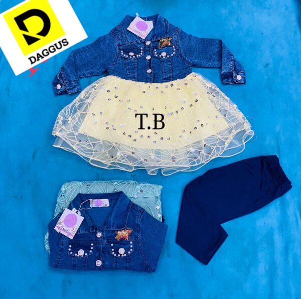 Girls Spring Autumn Infant Baby Girl Denim Clothing Sets 2 pcs Long Sleeve T Shirt Dress Tops Denim Jacket and Plain Trouser: