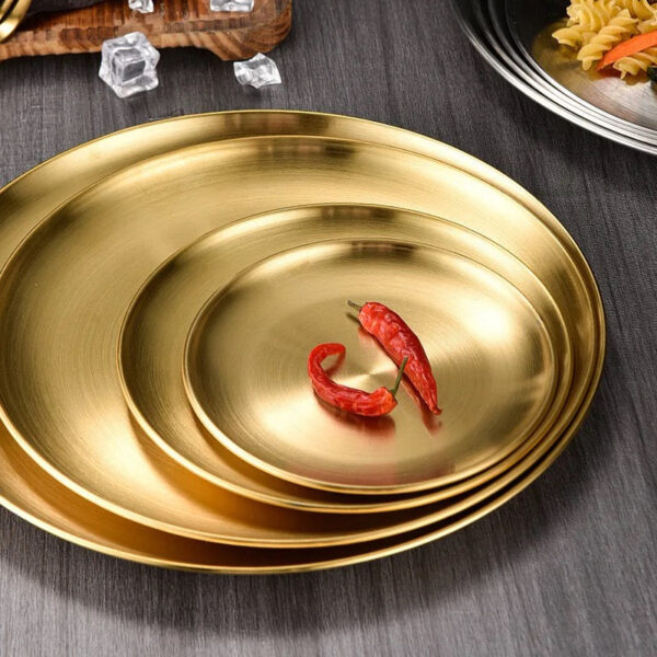 Gold Metal Round Dinner Plates, Stainless Steel Dinner Dishes for Home, Kitchen, Restaurant, Bar, Outdoor Party (23 cm). - Image 5