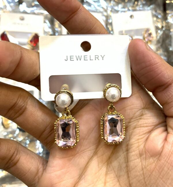 Rectangle Drop Earrings with Pearl Stud on Top - Image 2
