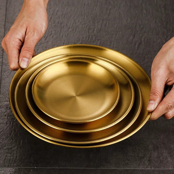 Gold Metal Round Dinner Plates, Stainless Steel Dinner Dishes for Home, Kitchen, Restaurant, Bar, Outdoor Party (23 cm). - Image 4