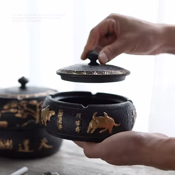 Black Ceramic Ashtray with Lid Gold Border Decor Storage Jar Living Room Office Car Ashtray Home Decoration. - Image 5