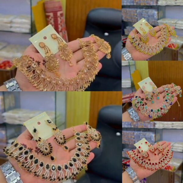 Casting Made Zircon Stones Necklace Set With tika:(Available in 5 colors):