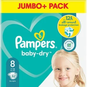 Pampers Size 8 Baby Dry Jumbo + Pack, 52 Pieces.