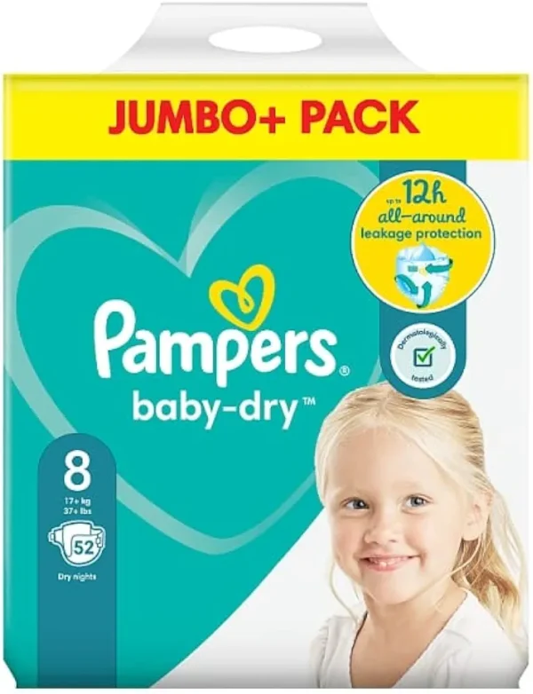 Pampers Size 8 Baby Dry Jumbo + Pack, 52 Pieces.