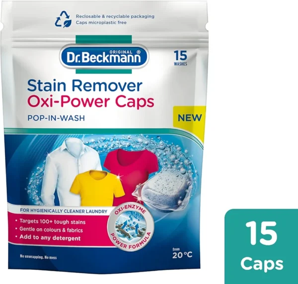 Dr. Beckmann Stain Remover Oxi Power Caps, Eliminate stubborn stains, Convenient, ready-to-use caps, for both machine washing and soaking, 15 caps.