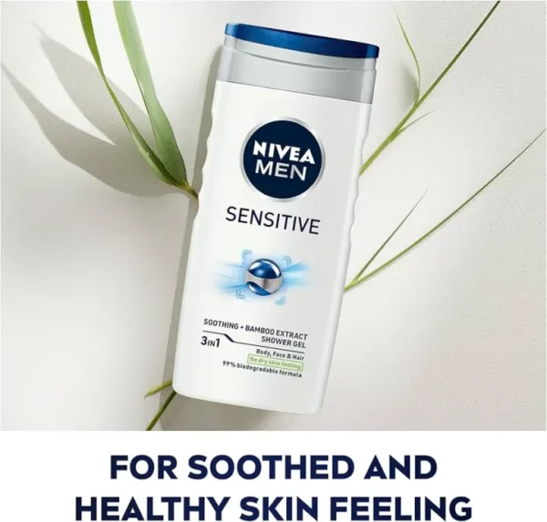 Nivea Sensitive Shower Gel With Bamboo Extract, 3 in 1 Shower Gel, For Body, Face and Hair, For Men, 250 ml. - Image 3