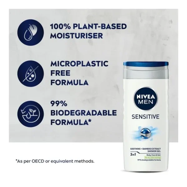 Nivea Sensitive Shower Gel With Bamboo Extract, 3 in 1 Shower Gel, For Body, Face and Hair, For Men, 250 ml. - Image 2