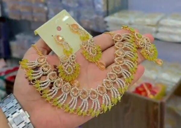 Casting Made Zircon Stones Necklace Set With tika:(Available in 5 colors): - Image 2