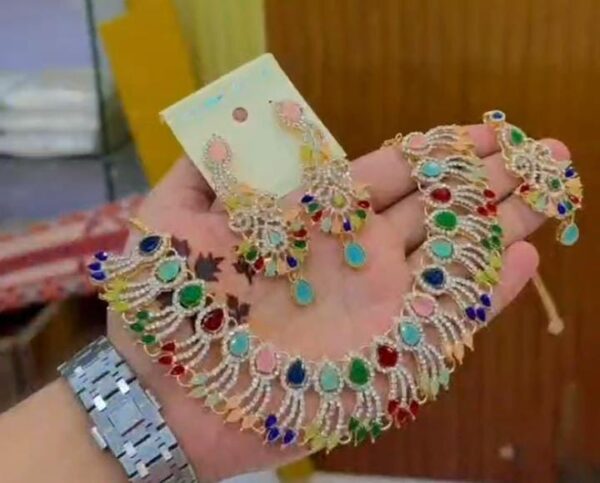 Casting Made Zircon Stones Necklace Set With tika:(Available in 5 colors): - Image 4