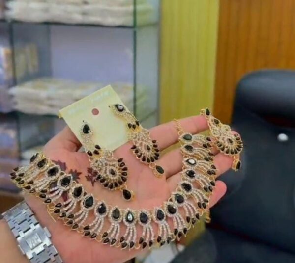 Casting Made Zircon Stones Necklace Set With tika:(Available in 5 colors): - Image 5