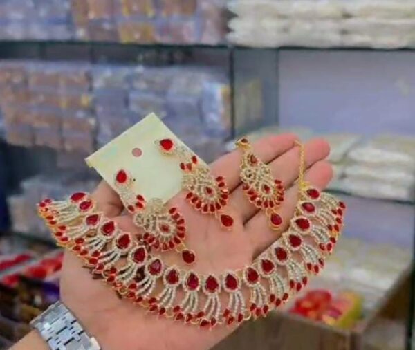 Casting Made Zircon Stones Necklace Set With tika:(Available in 5 colors): - Image 6