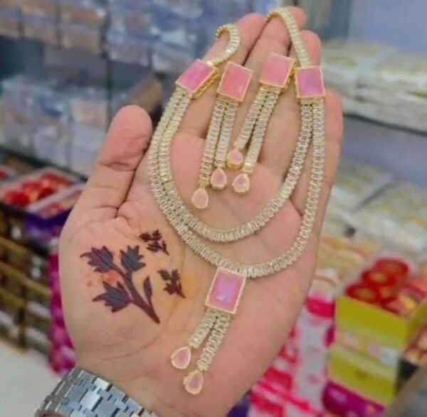 Casting Made White Stones Necklace  With Earrings:(Available in 7 colors): - Image 5
