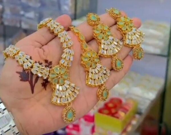 Casting Made Zircon Stones Necklace Set With tika:(Available in 5 colors) - Image 3
