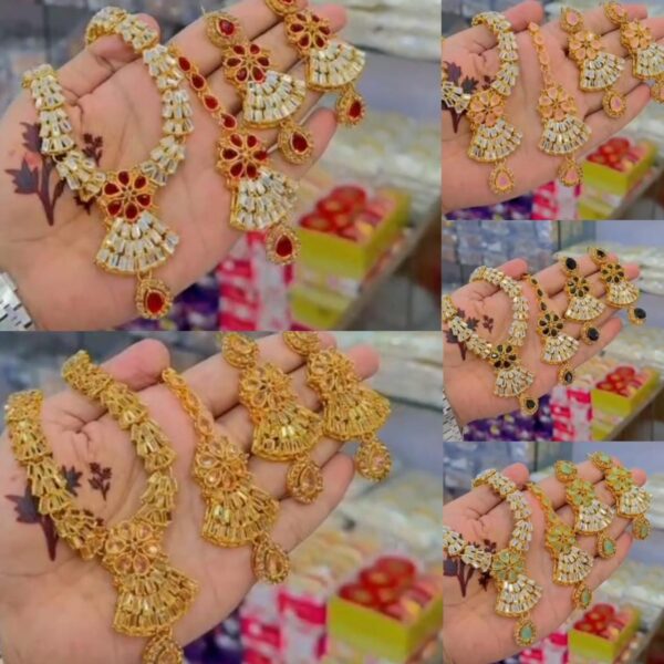 Casting Made Zircon Stones Necklace Set With tika:(Available in 5 colors)