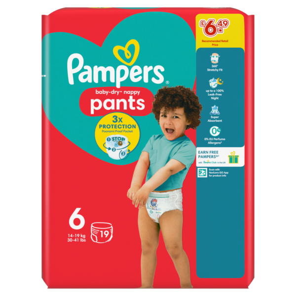 Pampers Baby-Dry Nappy Pants Size 6, 19 Nappies, 14 kg - 19 kg, Carry Pack.