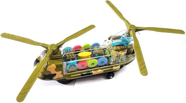 Battery Operated Transparent Gear, Transporter Helicopter Airplane Vehicle Toy for Kids, Boys And Girls with Lights, Music, Bump And Go Mode.