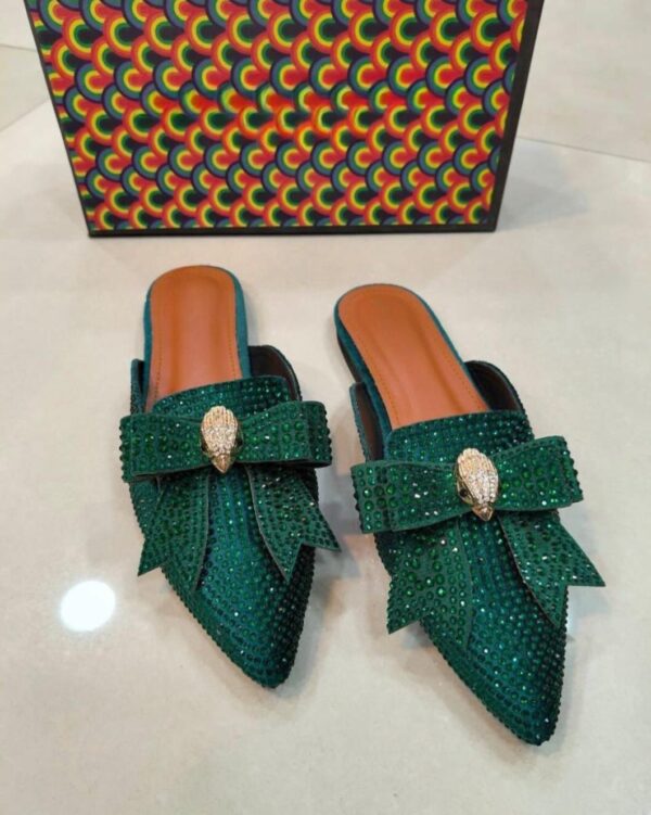 Velvet Rhinestone Bow Pointed Toe Mules - Image 3