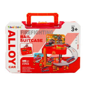 Firefighting Racing Car Track, 31 Pcs Alloy Car Parking Rail Suitcase Assembling Toys For Kids.