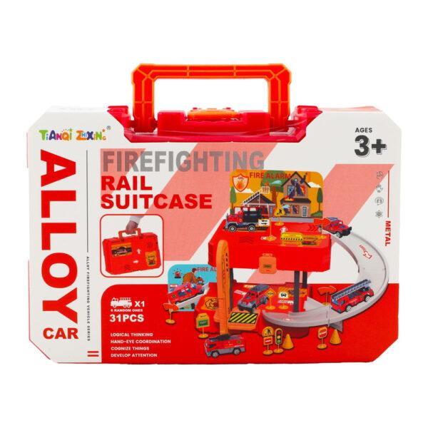 Firefighting Racing Car Track, 31 Pcs Alloy Car Parking Rail Suitcase Assembling Toys For Kids.