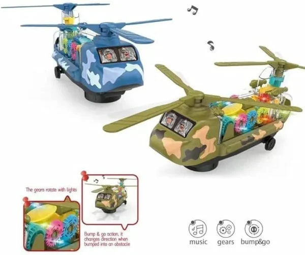 Battery Operated Transparent Gear, Transporter Helicopter Airplane Vehicle Toy for Kids, Boys And Girls with Lights, Music, Bump And Go Mode. - Image 3