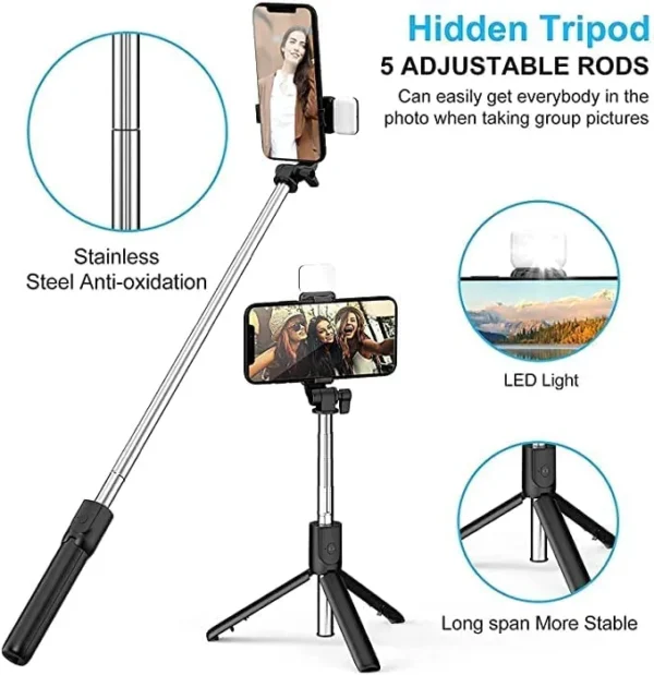 Bluetooth Selfie Sticks With Remote And Selfie Light, Tripod Stand. - Image 3