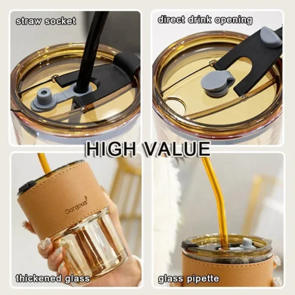 400ml Plastic Coffee Cup With Straw, Bamboo Shaped Glass Cup With Leather Cover, Double Wall Insulated Glass Cup - Image 3