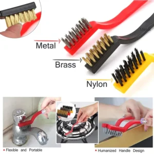 Set of 3 Pc Mini Wire Brush Cleaning Tool Kit Brass, Nylon, Stainless Steel Bristles, Gas Cleaning Brushes Iron Nylon Copper Wire for Car Kitchen Gas Stove Cleaning Tool