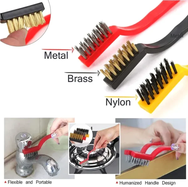 Set of 3 Pc Mini Wire Brush Cleaning Tool Kit Brass, Nylon, Stainless Steel Bristles, Gas Cleaning Brushes Iron Nylon Copper Wire for Car Kitchen Gas Stove Cleaning Tool