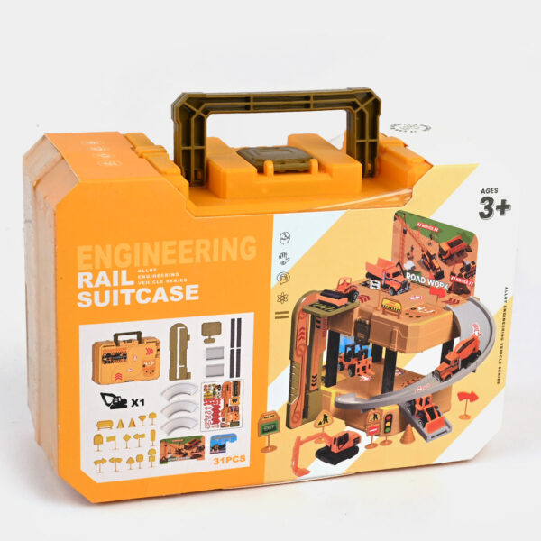 Engineering Racing Car Track, 31 Pcs Alloy Car Parking Rail Suitcase Assembling Toys For Kids.