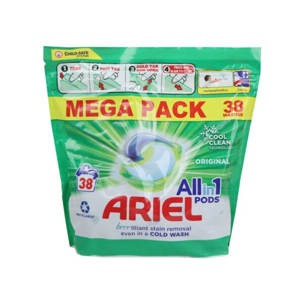 Ariel Original Laundry All in 1 Pods, Stain Remover Even in Cold Wash, 38 pods.