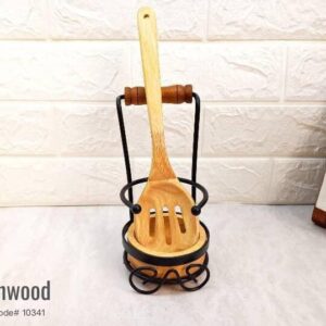 Touchwood Round Metal Spoon Rest With Wooden Dish Upright Utensil Holder, Modern, Kitchen Decor, Code 10341.