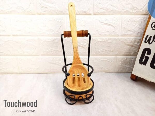 Touchwood Round Metal Spoon Rest With Wooden Dish Upright Utensil Holder, Modern, Kitchen Decor, Code 10341.