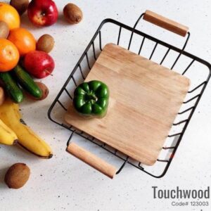 Touchwood Large Square Fruit Basket, Metal, With Wooden Base Design With Handle, Code 123003.