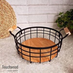 Touchwood Large Circular Fruit Basket, Metal, With Wooden Base Design With Handle, Code 123007.