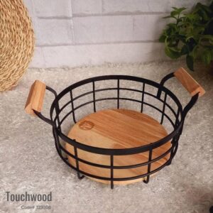 Touchwood Small Circular Fruit Basket, Metal, With Wooden Base Design With Handle, Code 123008.